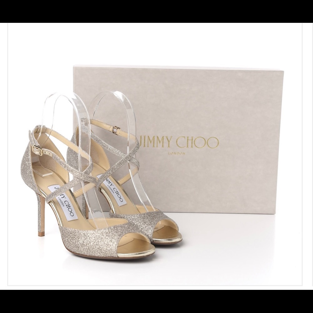 Jimmy Choo Emsy 85 platinum ice dusty glitter sandals